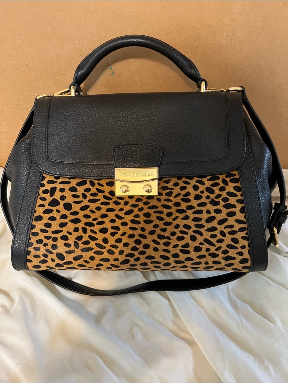 Vera Bradley Black Leather Satchel with Leopard-Print Panel
